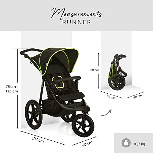 Hauck Kinder Buggy Runner, Große Luftreifen 3 Rad, Bis 25 kg, Schwarz Neon Gelb