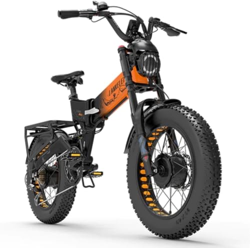 LANKELEISI | X3000 MAX vollgefedertes faltbares Elektrofahrrad mit Doppelmotor und 20 x 4 Zoll dicken Reifen (Orange)