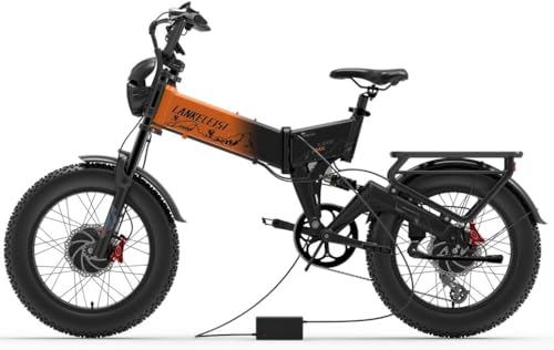 LANKELEISI | X3000 MAX vollgefedertes faltbares Elektrofahrrad mit Doppelmotor und 20 x 4 Zoll dicken Reifen (Orange)