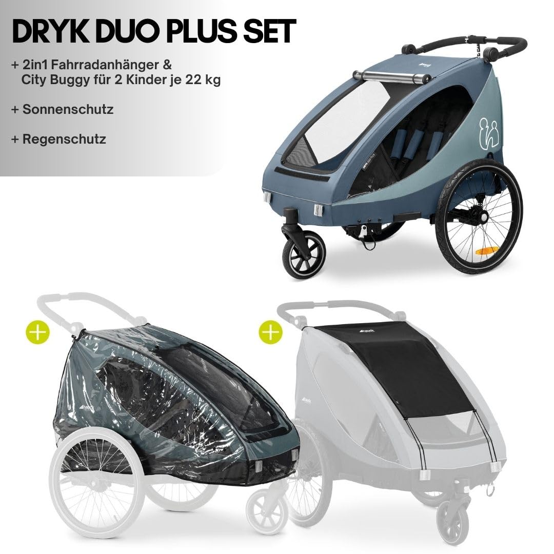 Hauck Fahrradanhänger & Kinderwagen Set Dryk Duo Plus für 2 Kinder (6-48 Monate) - Dark Blue