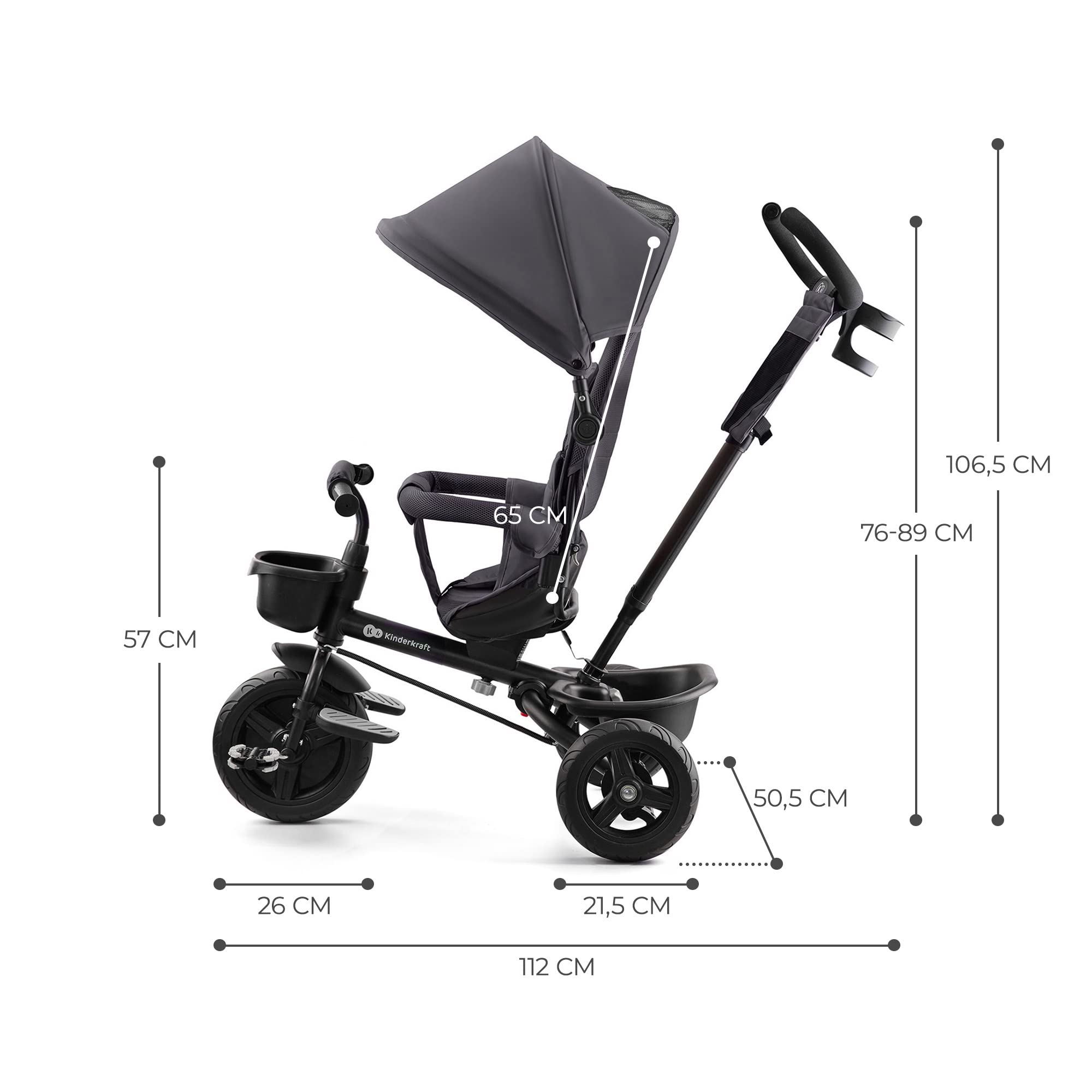 Kinderkraft AVEO Dreirad ab 9 Monate bis 25 kg, Kinderdreirad mit schubstange, Grau