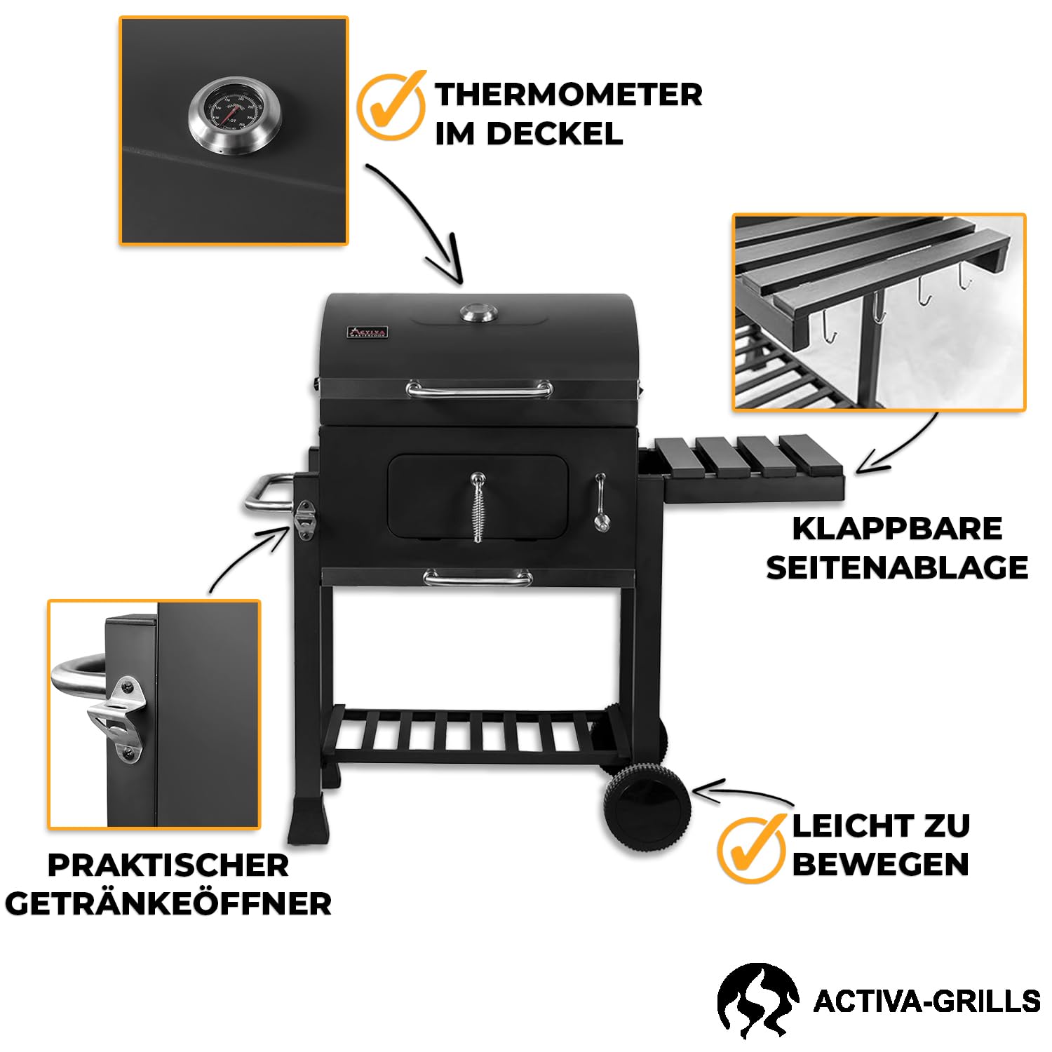 ACTIVA Holzkohlegrill Angular Guss inkl. Gusseisenrost I Holzkohlegrill mit Deckel