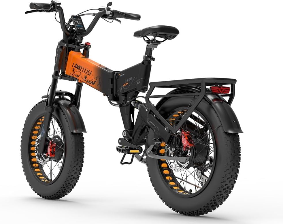 LANKELEISI | X3000 MAX vollgefedertes faltbares Elektrofahrrad mit Doppelmotor und 20 x 4 Zoll dicken Reifen (Orange)