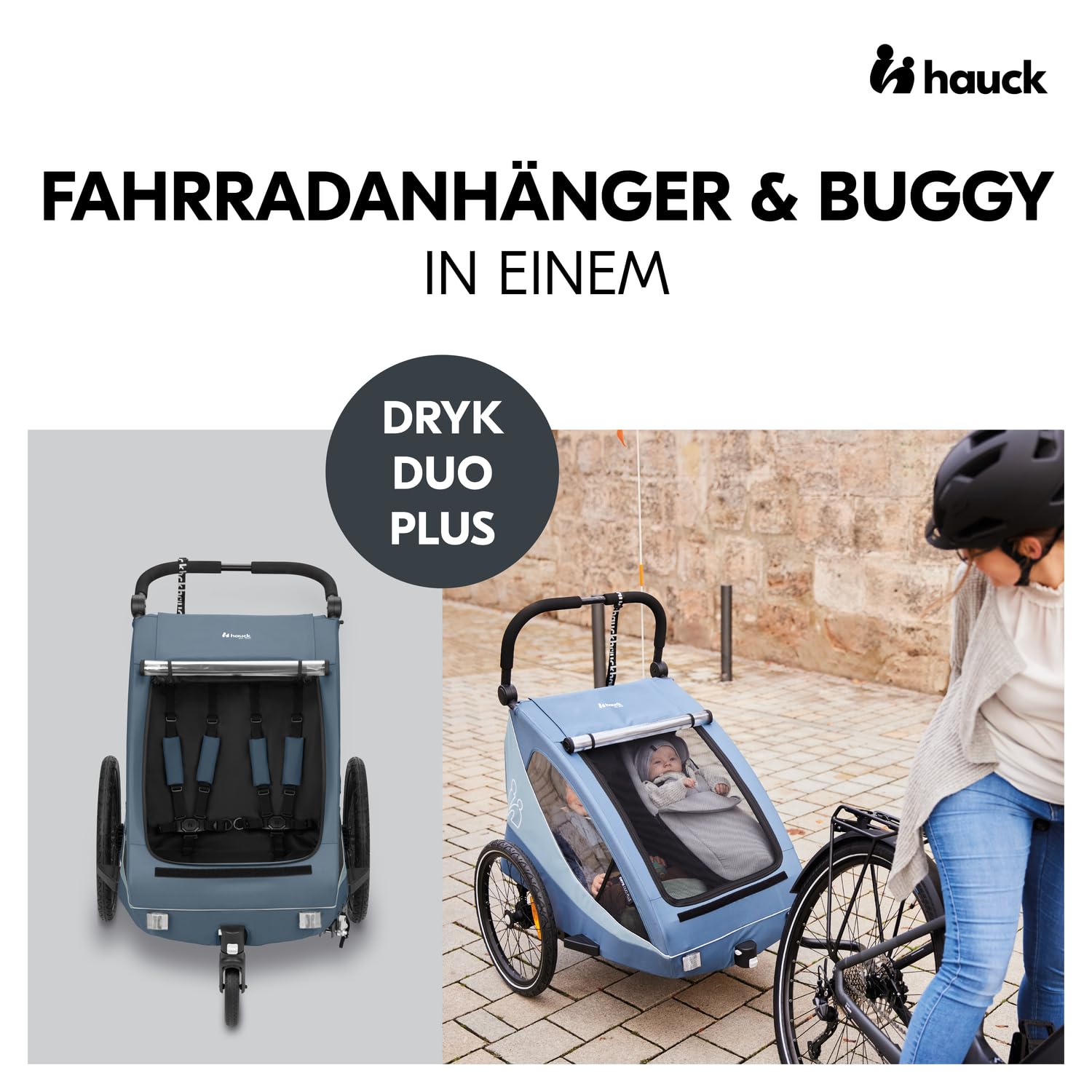 Hauck Fahrradanhänger & Kinderwagen Set Dryk Duo Plus für 2 Kinder (6-48 Monate) - Dark Blue