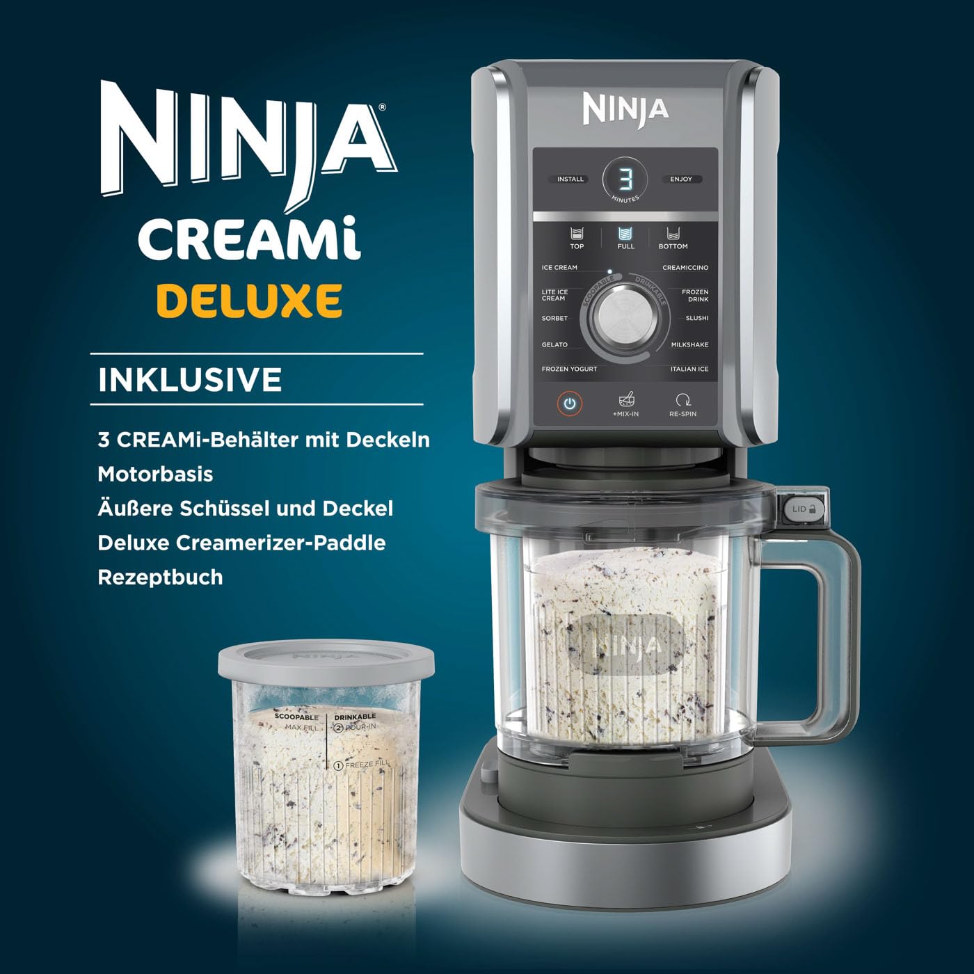 Ninja CREAMi Deluxe Eismaschine mit 3 Behältern, 10 Funktionen