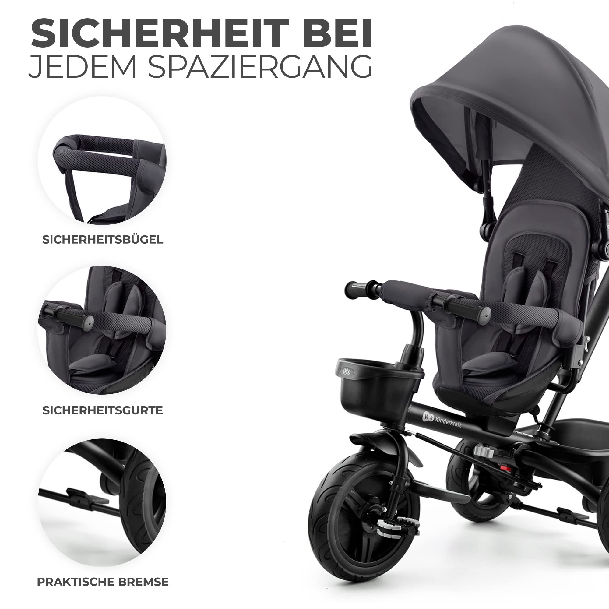 Kinderkraft AVEO Dreirad ab 9 Monate bis 25 kg, Kinderdreirad mit schubstange, Grau