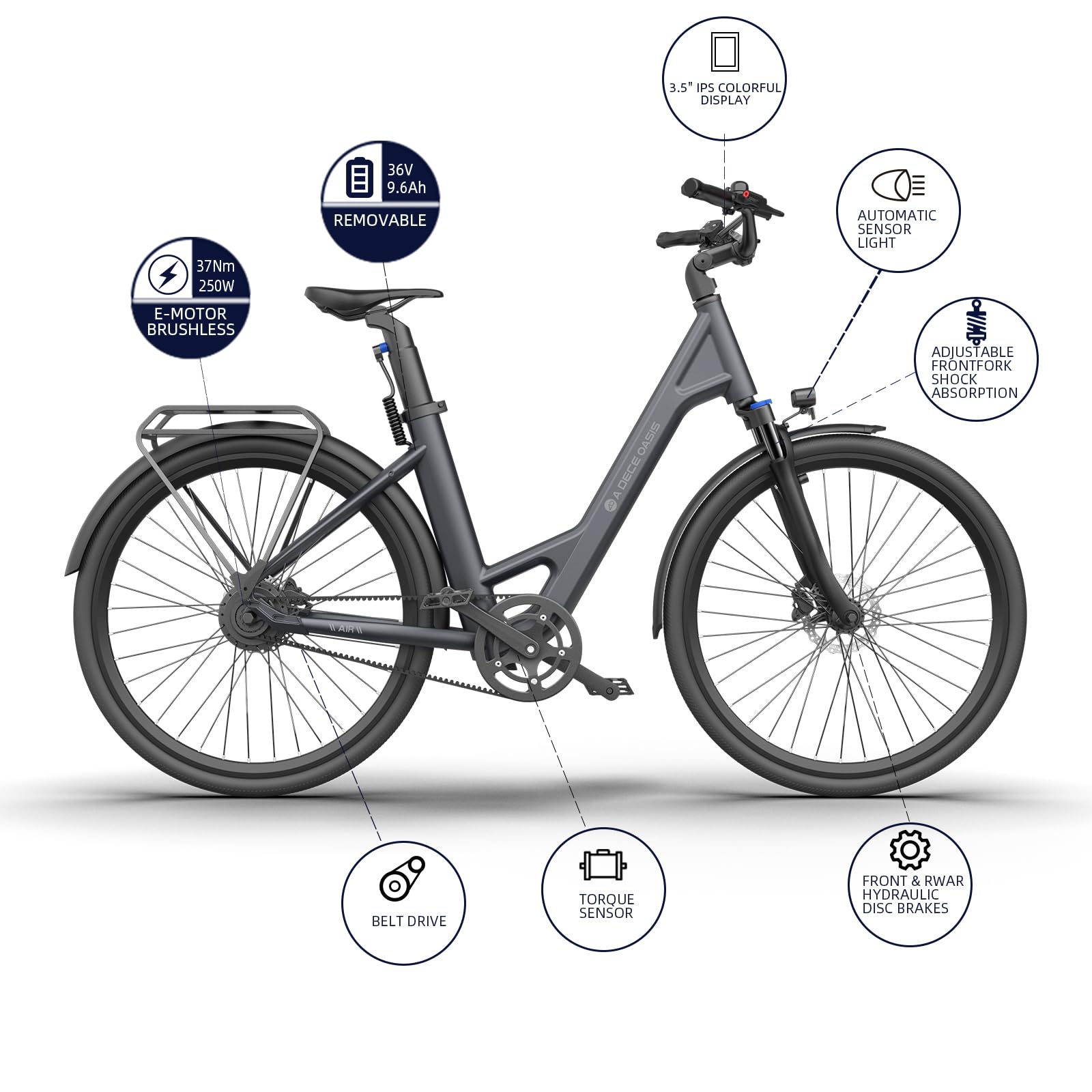 A Dece Oasis ADO e Bike 28 Zoll, E-Bike Air 28 Elektrofahrrad,345,00 Wh Akku, ebike Damen/Herren (Gray)