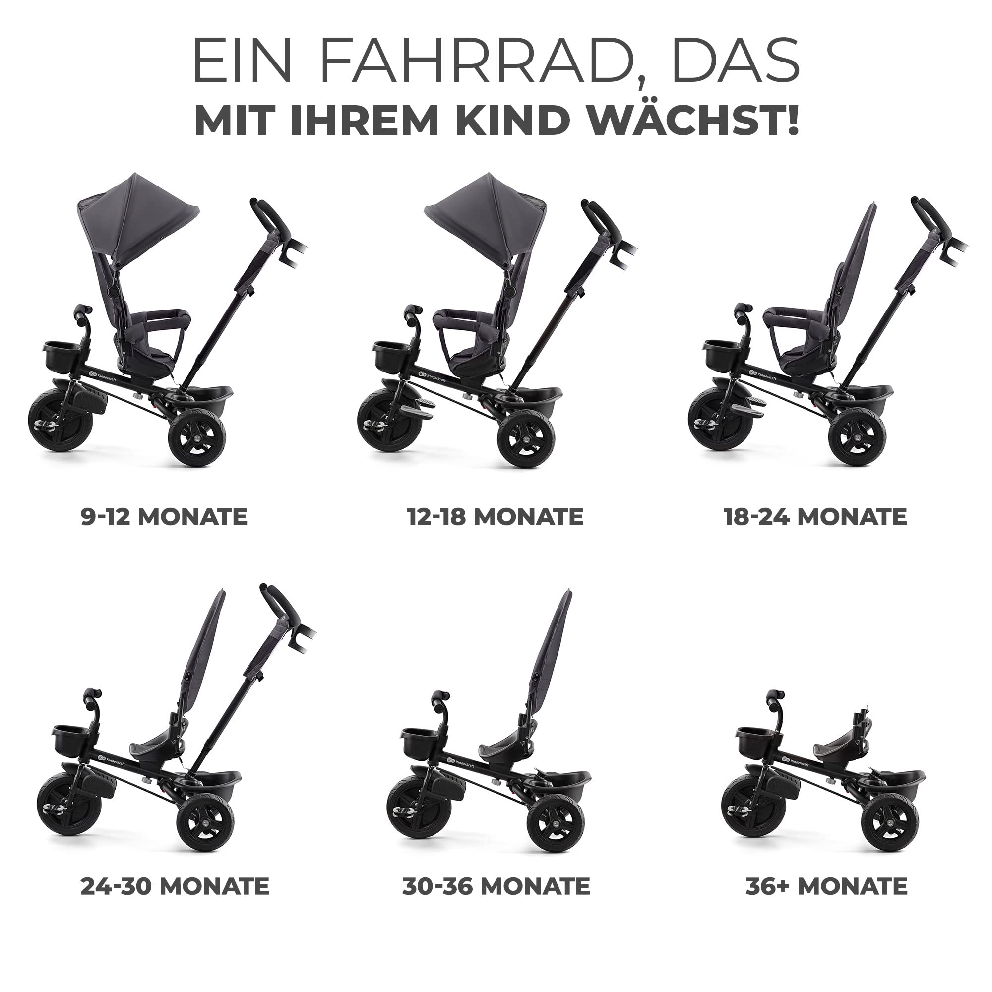 Kinderkraft AVEO Dreirad ab 9 Monate bis 25 kg, Kinderdreirad mit schubstange, Grau