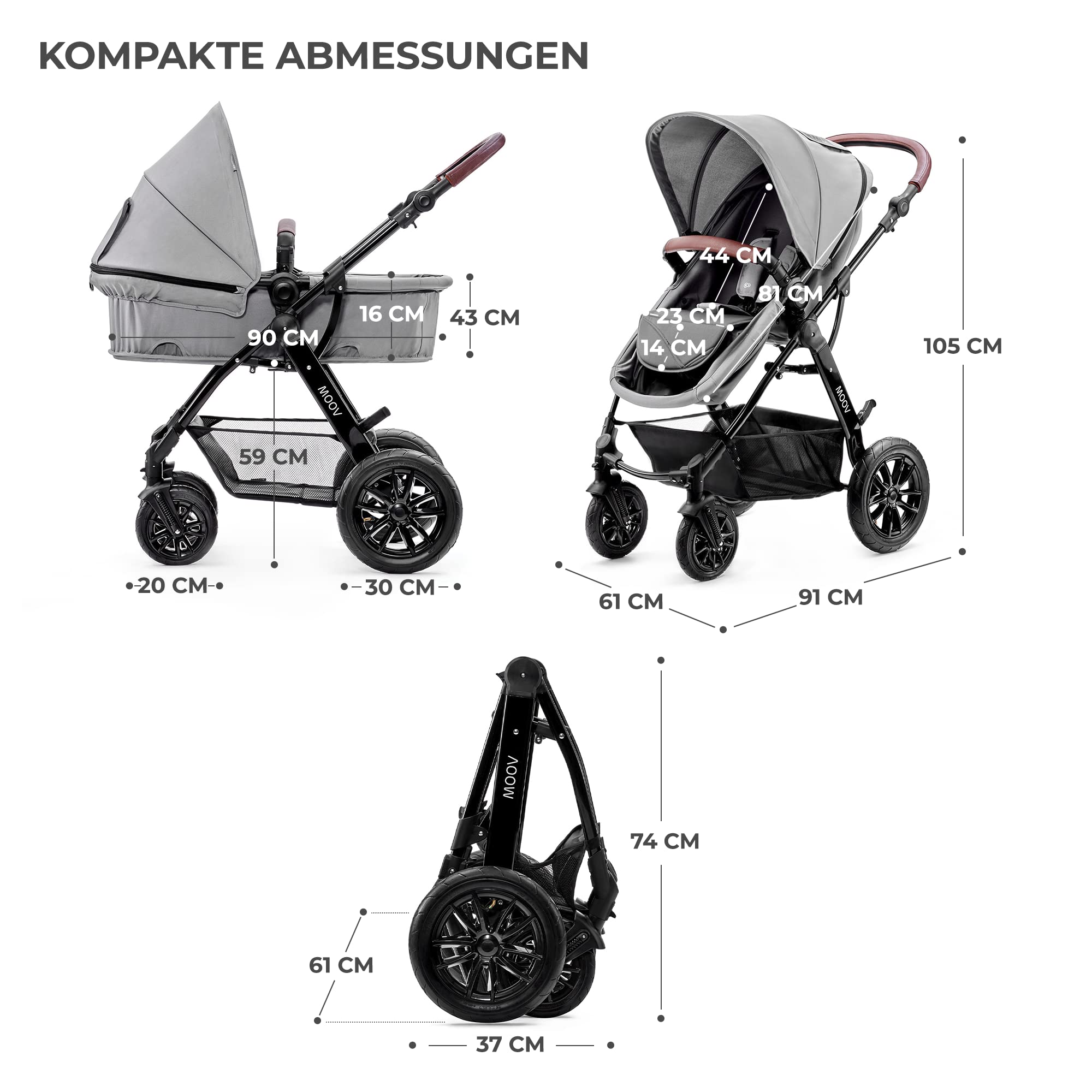 Kinderkraft Kinderwagen 3 in 1 MOOV, Kinderwagenset, Sportwagen, Buggy, Babyschale, Große Räder