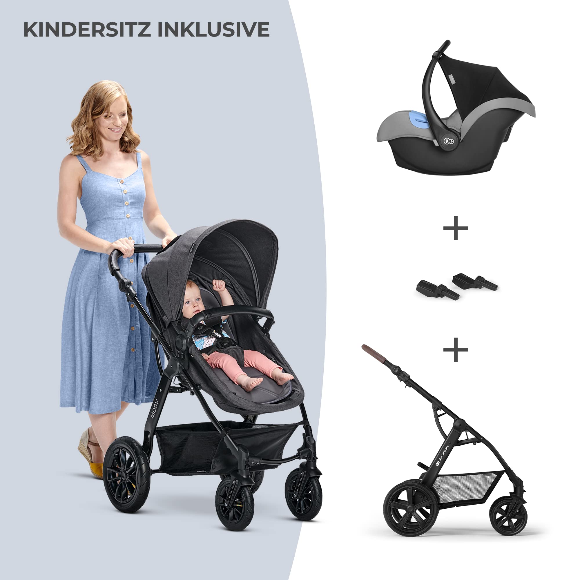 Kinderkraft Kinderwagen 3 in 1 MOOV, Kinderwagenset, Sportwagen, Buggy, Babyschale, Große Räder