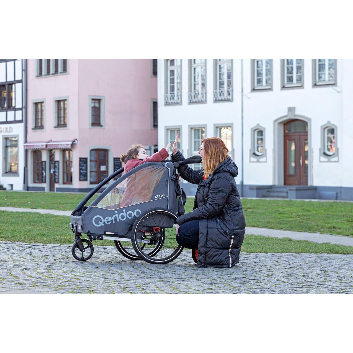 QERIDOO Fahrradanhänger Modell Kinderfahrradanhänger & Buggy QUPA 1 für 1 Kind mit Kupplung, Blattfeder-Dämpfsystem (bis 50 kg) - Grey