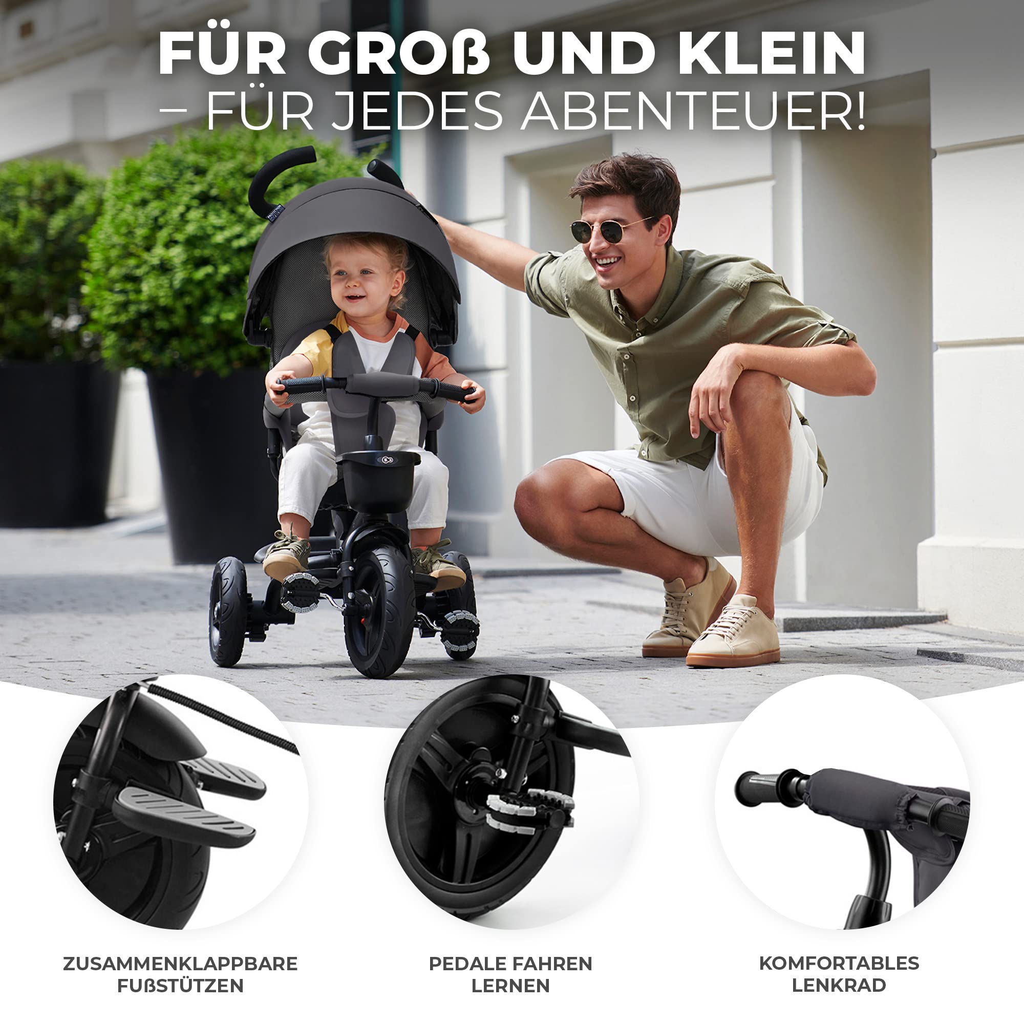 Kinderkraft AVEO Dreirad ab 9 Monate bis 25 kg, Kinderdreirad mit schubstange, Grau