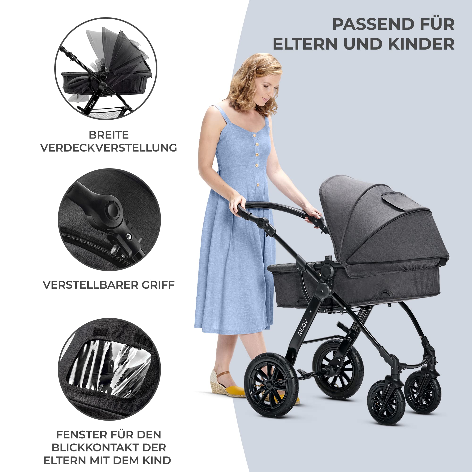 Kinderkraft Kinderwagen 3 in 1 MOOV, Kinderwagenset, Sportwagen, Buggy, Babyschale, Große Räder