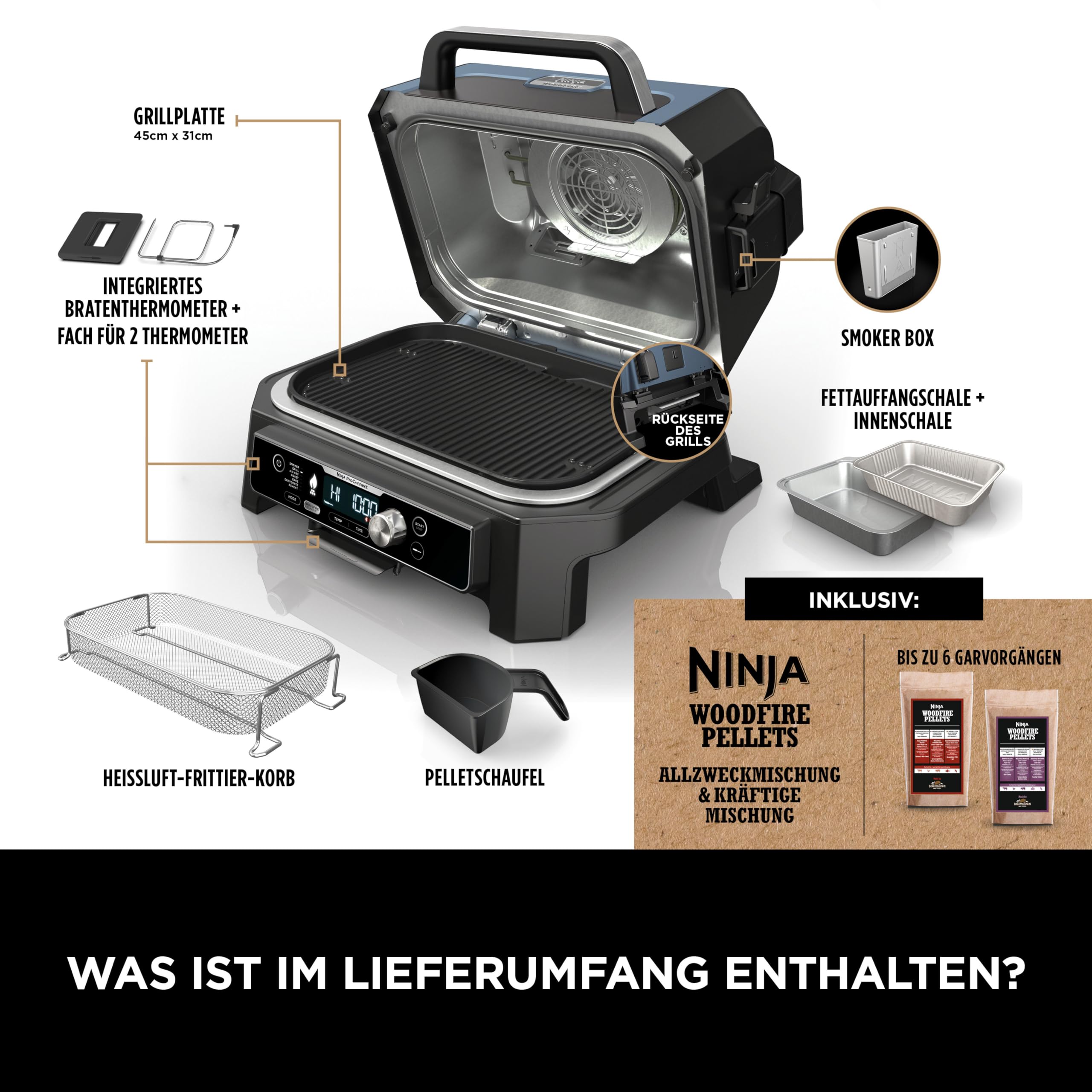 Ninja Woodfire Pro Connect XL Elektrischer BBQ Smoker Grill, App-Steuerung