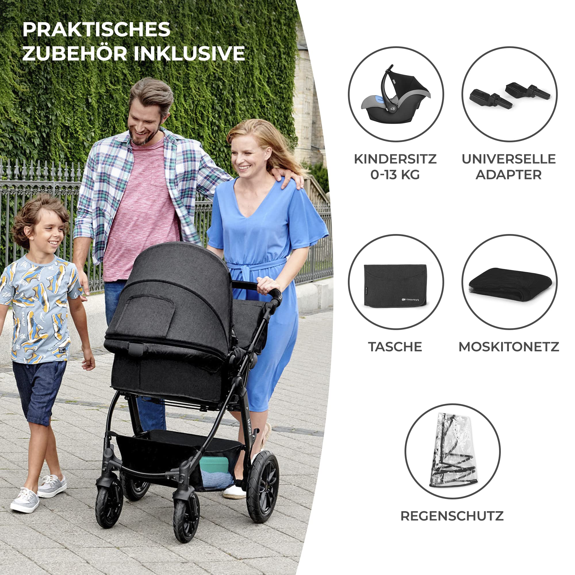 Kinderkraft Kinderwagen 3 in 1 MOOV, Kinderwagenset, Sportwagen, Buggy, Babyschale, Große Räder