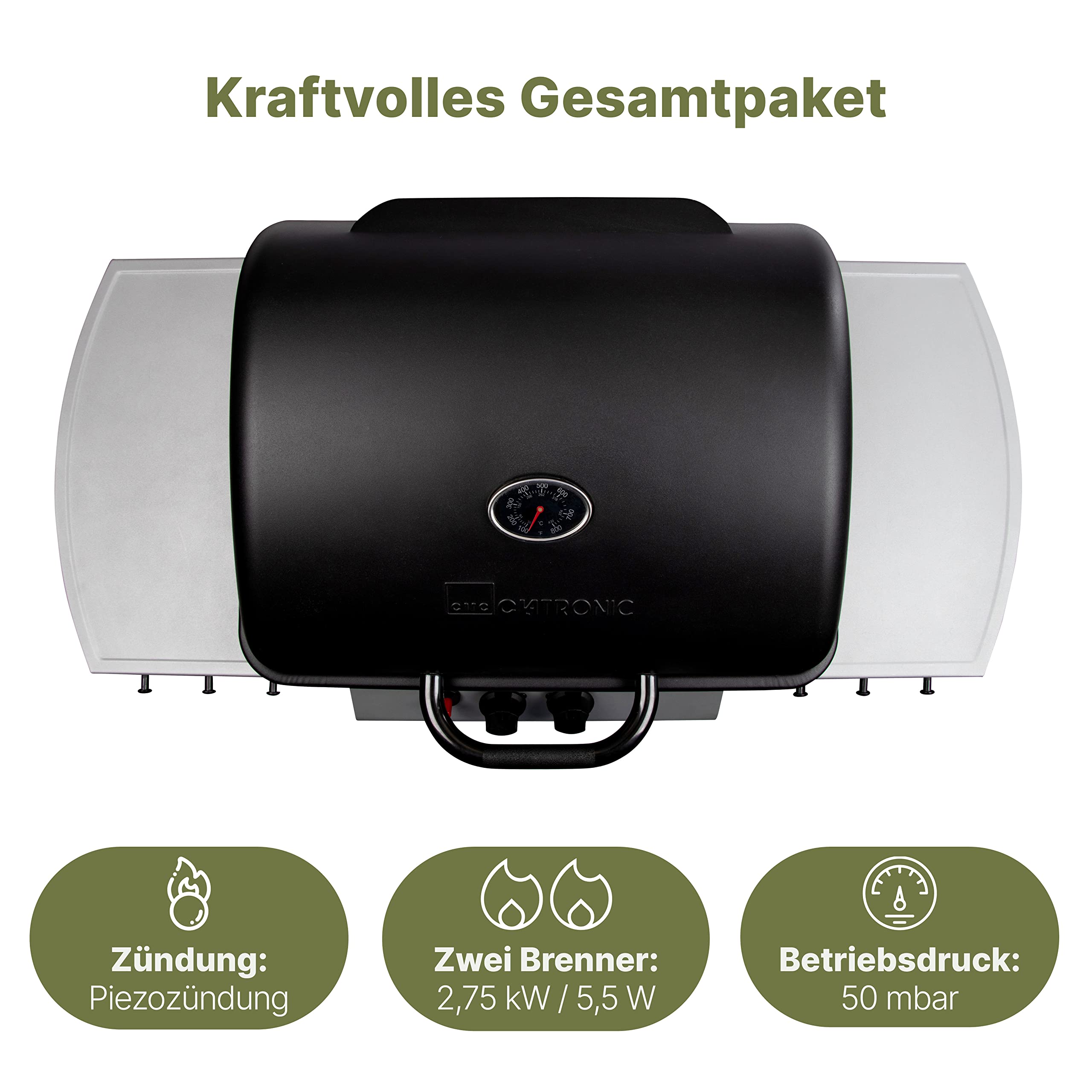 Clatronic® Gasgrill mit 2 Heizzonen | individuelle Temperatursteuerung | inkl. Grillrost + Warmhalterost