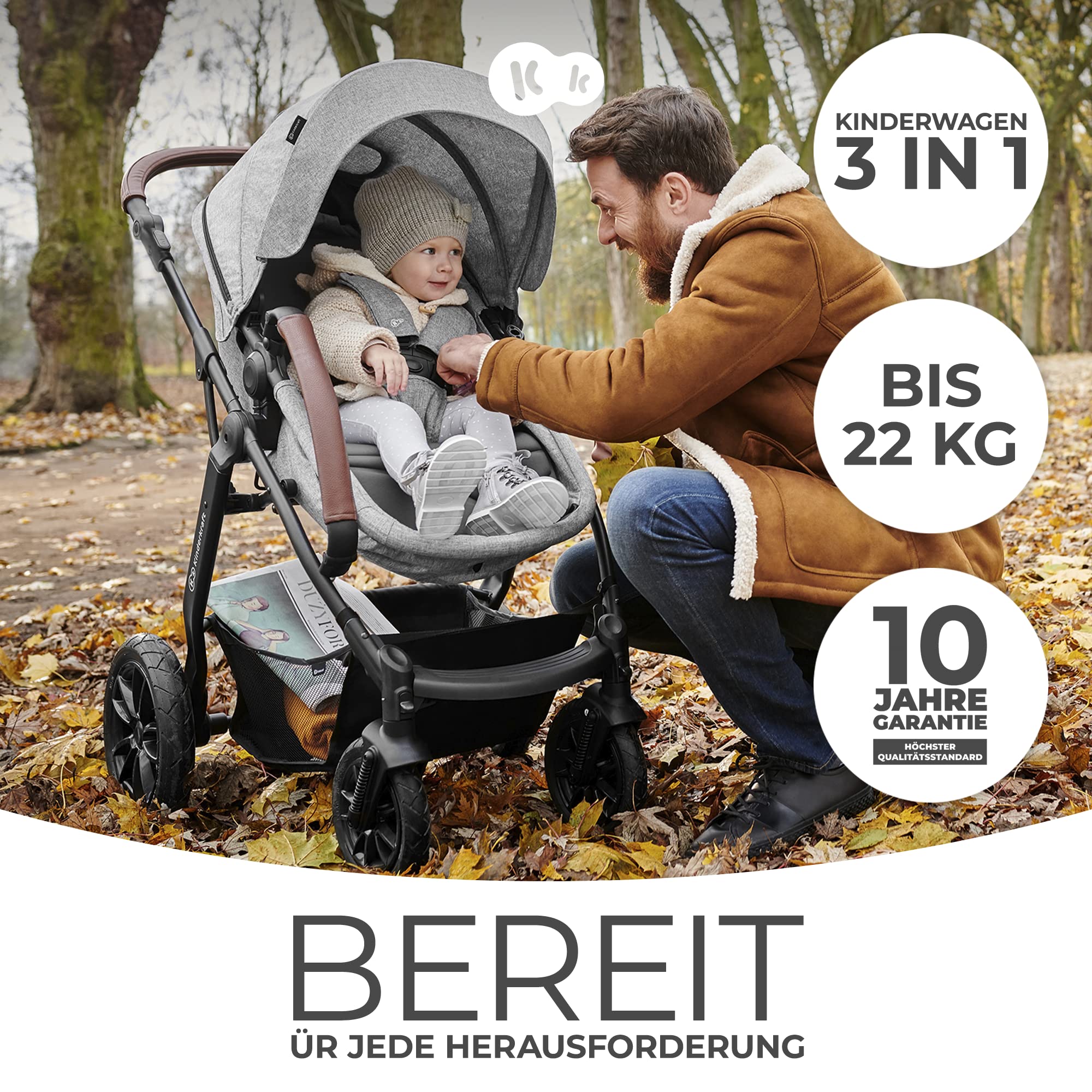 Kinderkraft Kinderwagen 3 in 1 MOOV, Kinderwagenset, Sportwagen, Buggy, Babyschale, Große Räder