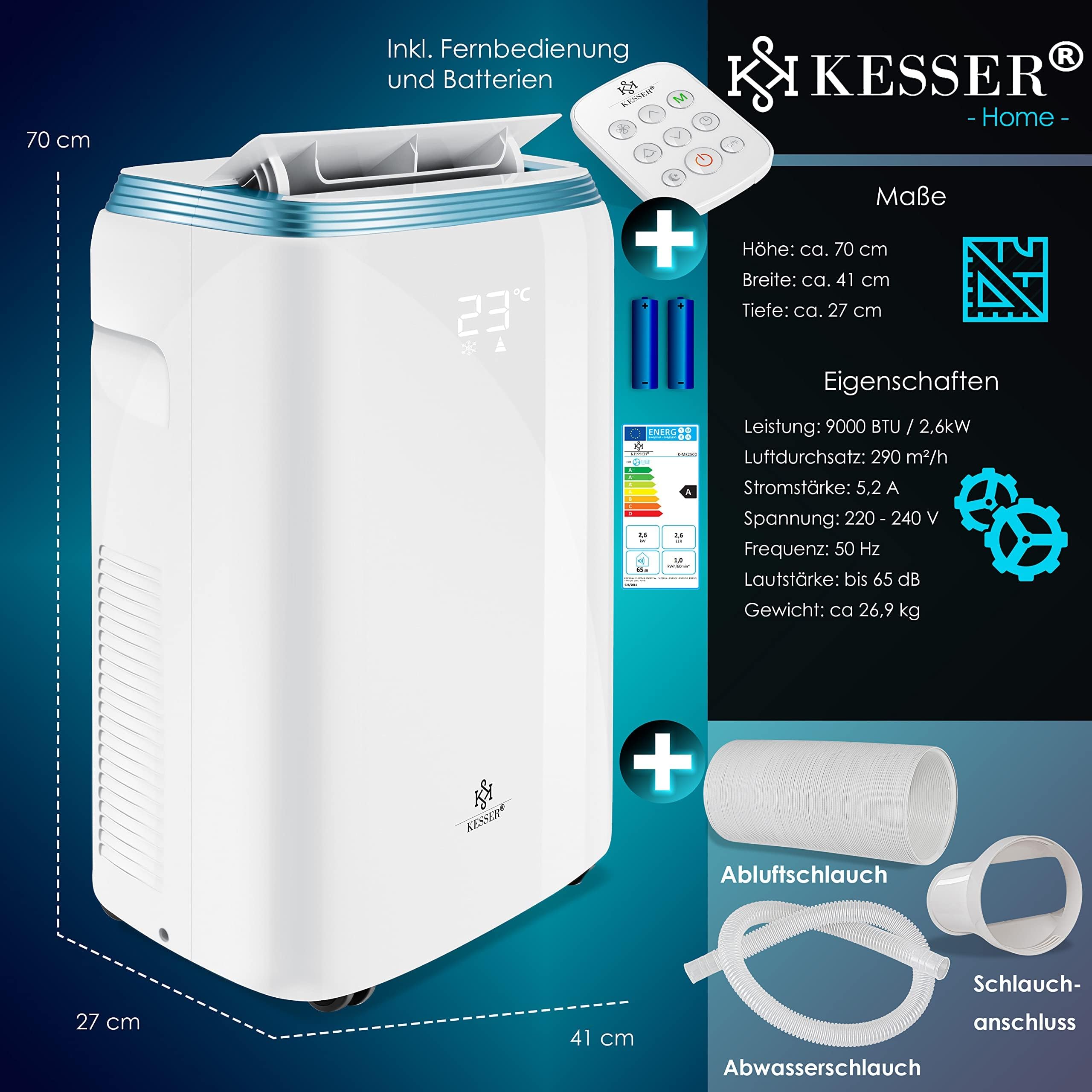 KESSER® Klimaanlage Mobil Klimagerät 4in1 kühlen, Luftentfeuchter, lüften, Ventilator - 9000 BTU/h (2.600 Watt) 2,7KW - Klima