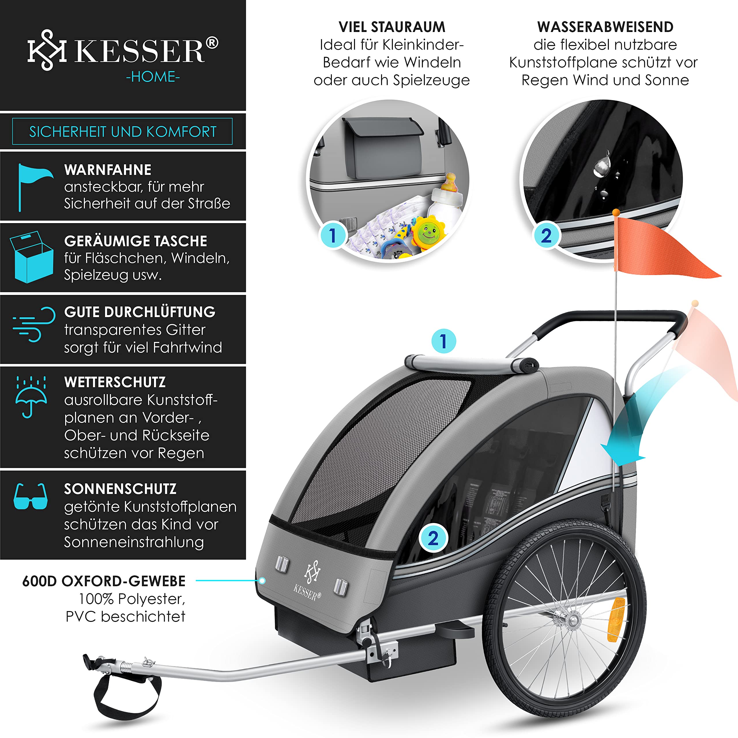 KESSER® Kinderanhänger Fahrradanhänger Sport-RX 2 in 1 Joggerfunktion Kinderfahrradanhänger