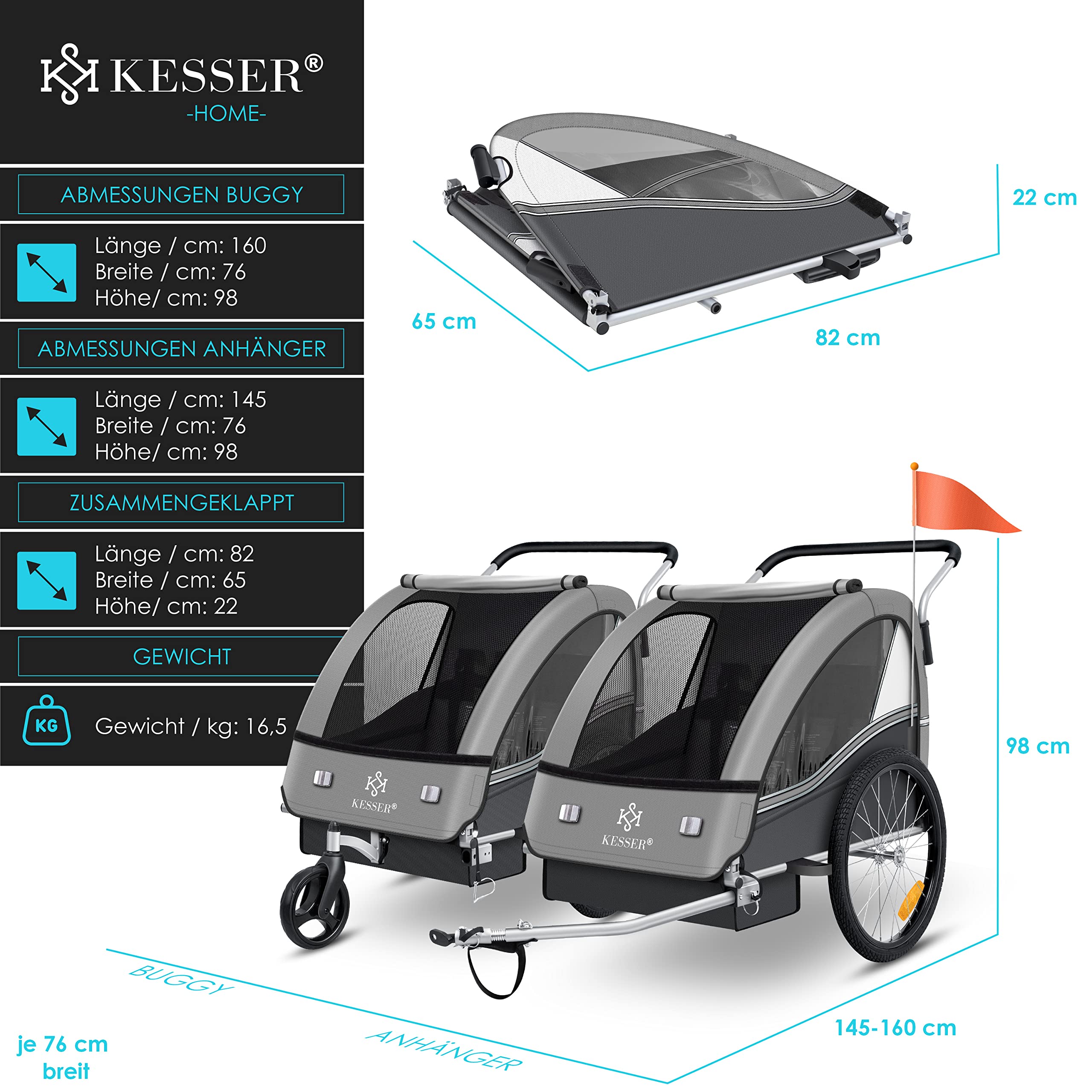 KESSER® Kinderanhänger Fahrradanhänger Sport-RX 2 in 1 Joggerfunktion Kinderfahrradanhänger