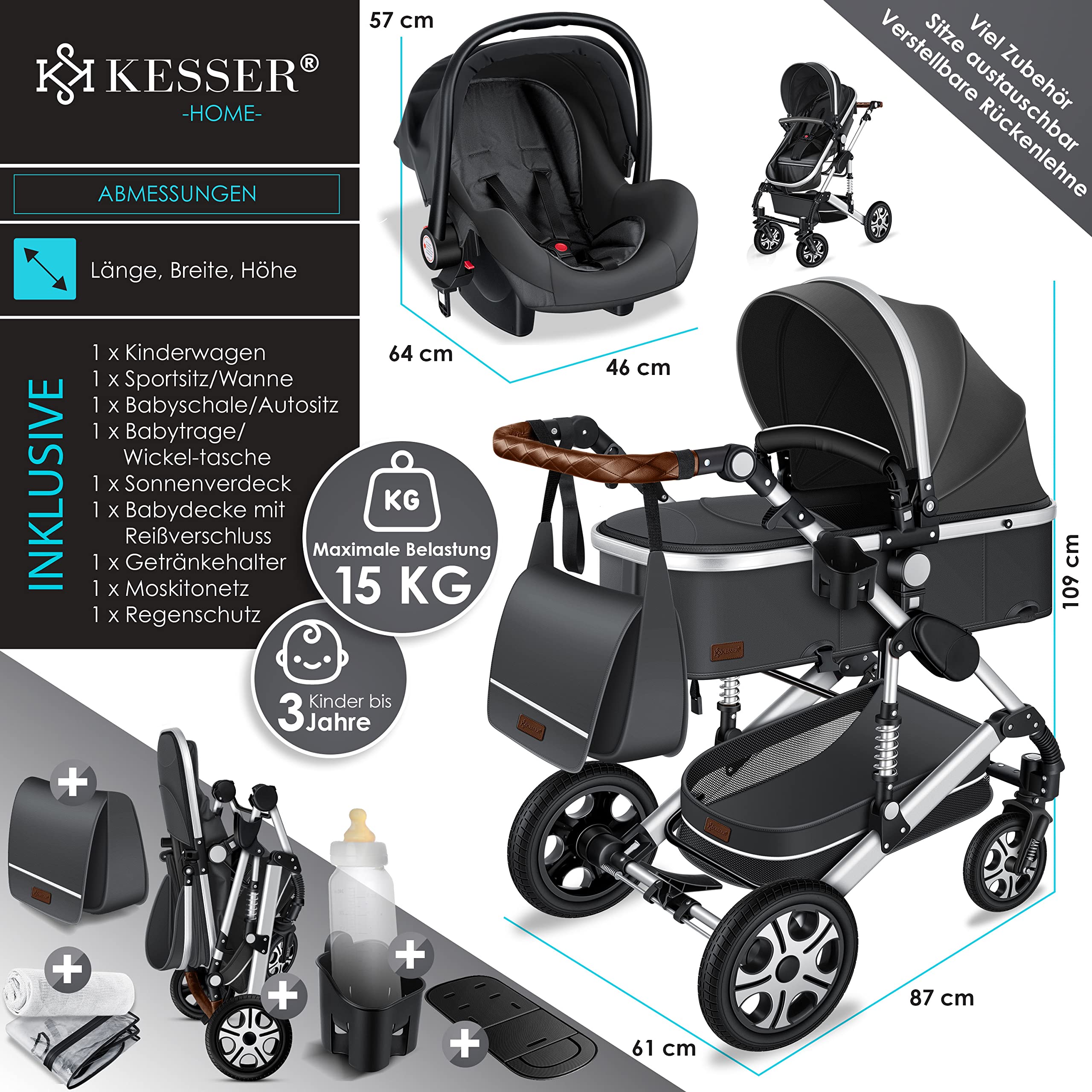 KESSER® Loops 3 in 1 Kinderwagen Kombikinderwagen Komplett-Set inkl