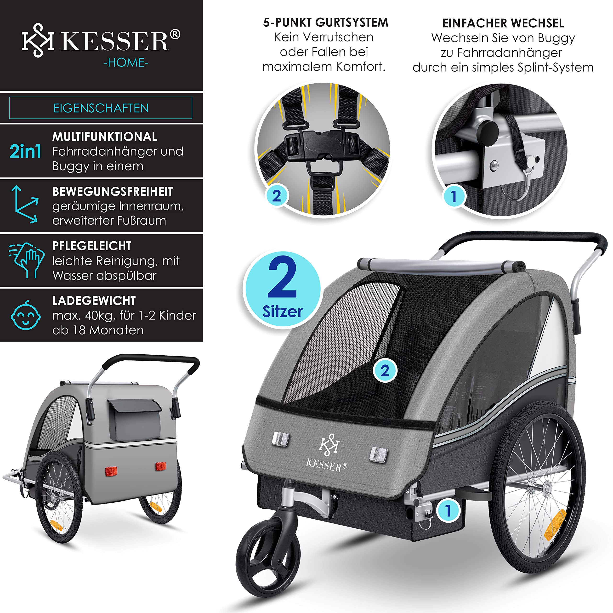 KESSER® Kinderanhänger Fahrradanhänger Sport-RX 2 in 1 Joggerfunktion Kinderfahrradanhänger